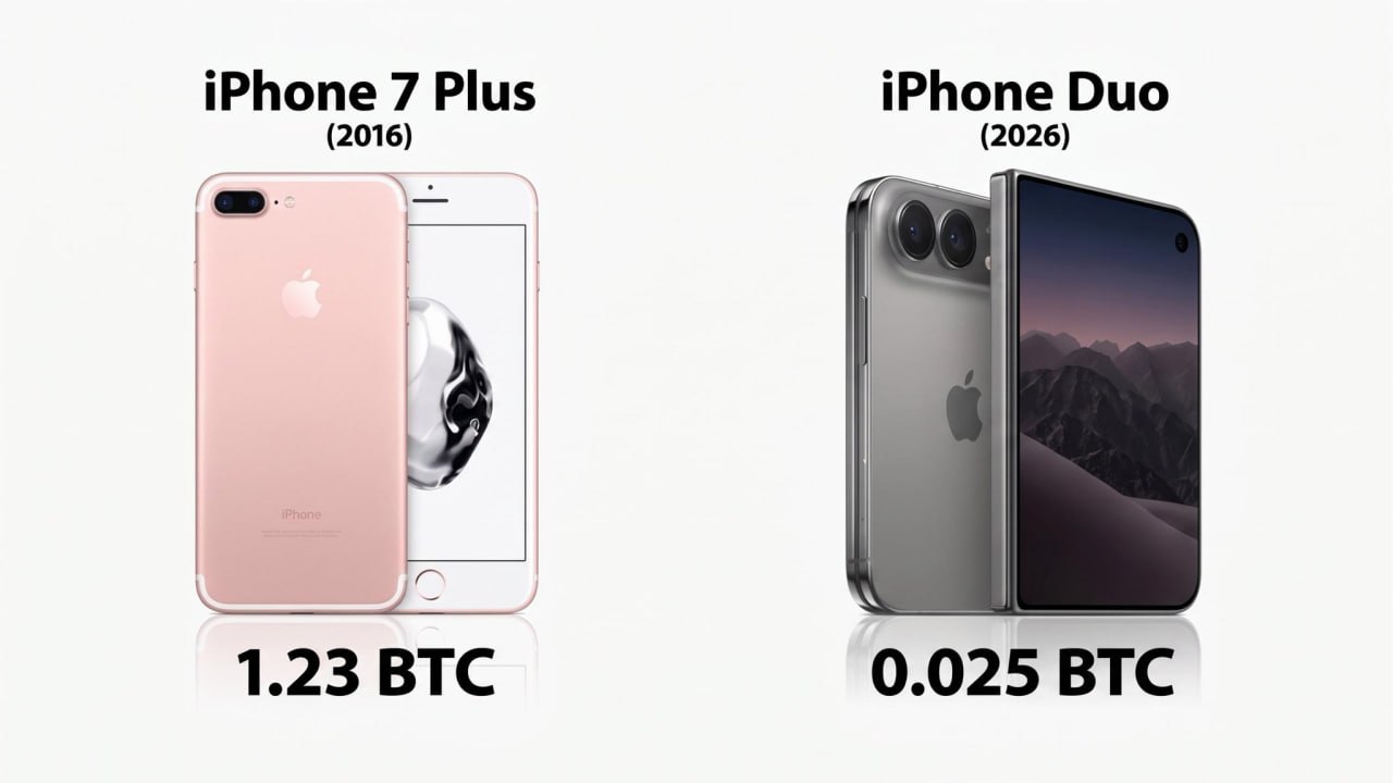 График падения цены iPhone в биткоинах за 15 лет